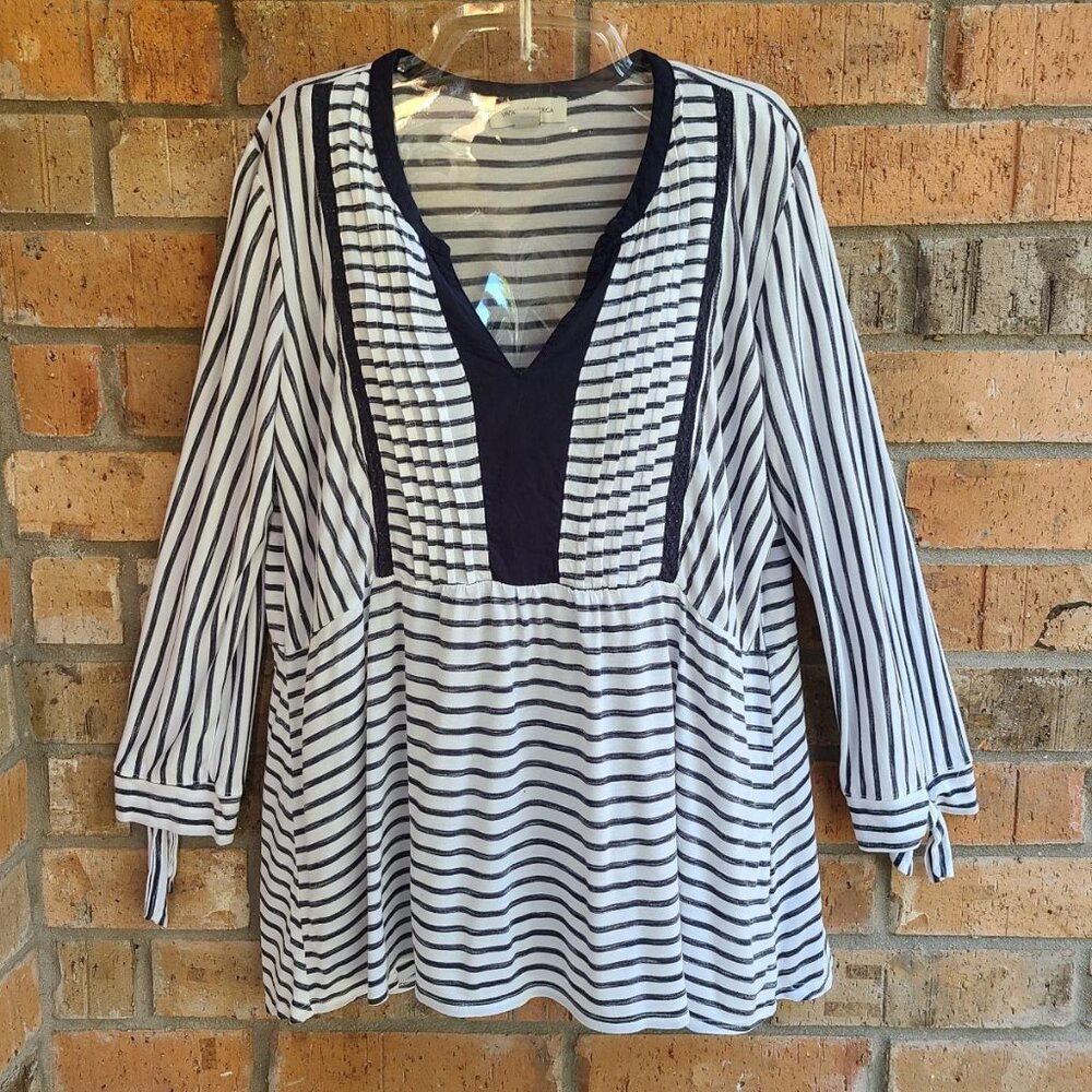 Vintage America Womens Size L Striped Knit Top Blouse Popover 3/4 Sleeves